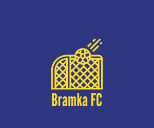 logo bramkafc, żółta bramka z wpadającą piłką na niebieskim tle