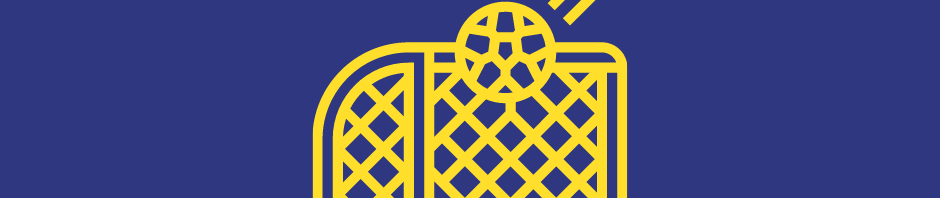 logo bramkafc, żółta bramka z wpadającą piłką na niebieskim tle