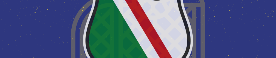Herb Legia Warszawa na niebieskim tle, logo delikatnie przeźroczyste, pod nim lekko widoczne logo Bramka FC, na górze grafiki szary pasek symbolizujący wyrwaną kartkę papieru, w lewym górnym i prawym dolnym rogu żółte plusiki ułożone w kwadrat.